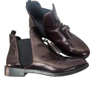 ZARA Bordeaux Patent Chelsea Ankle Boots Tassel Detail EU 39/US 8 Dark Academia